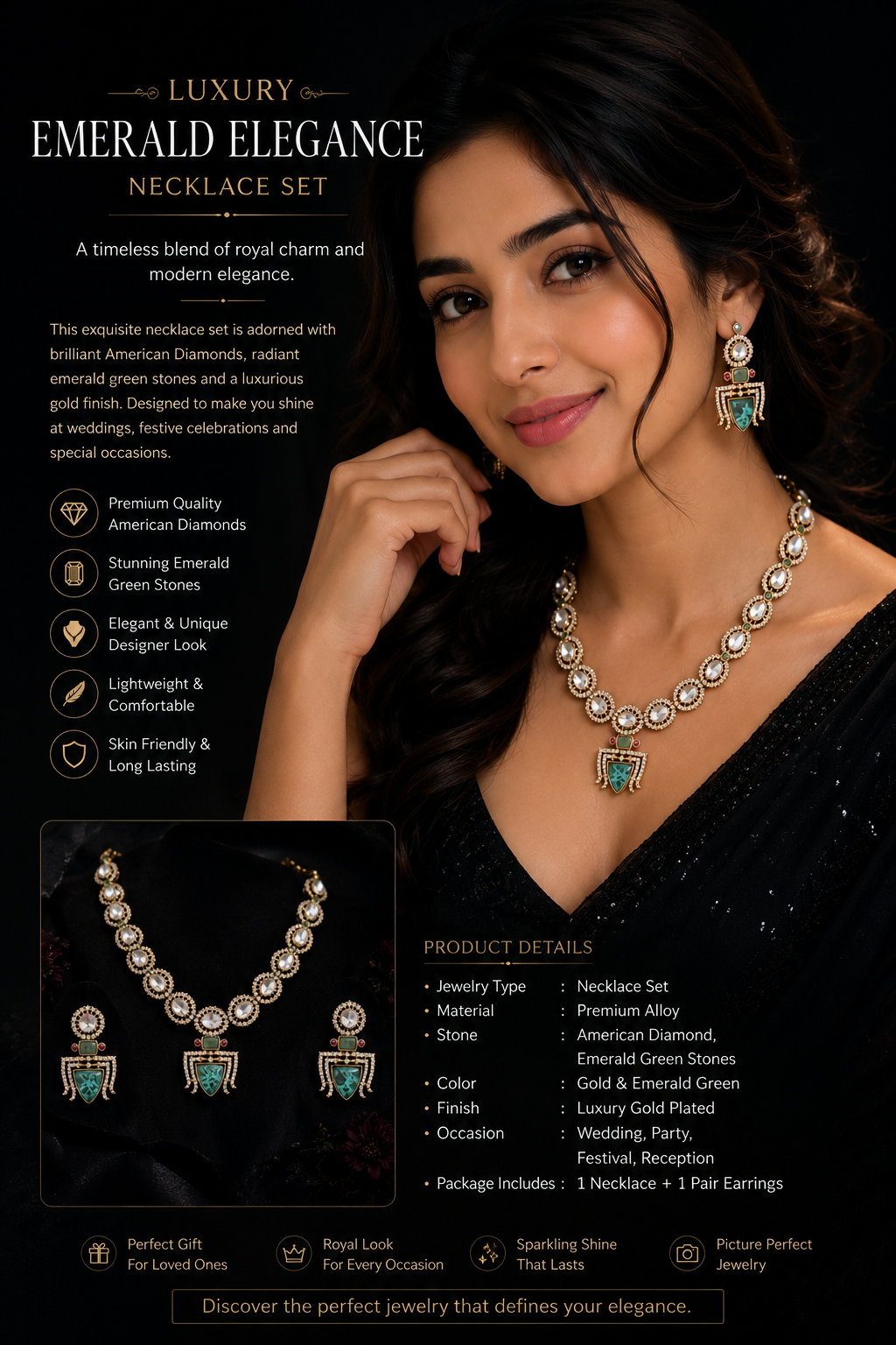 Luxury Emerald Pendant Necklace Set with American Diamonds