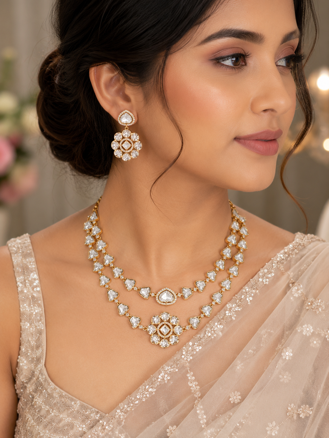 Noor Polki Floral Layered Necklace Set