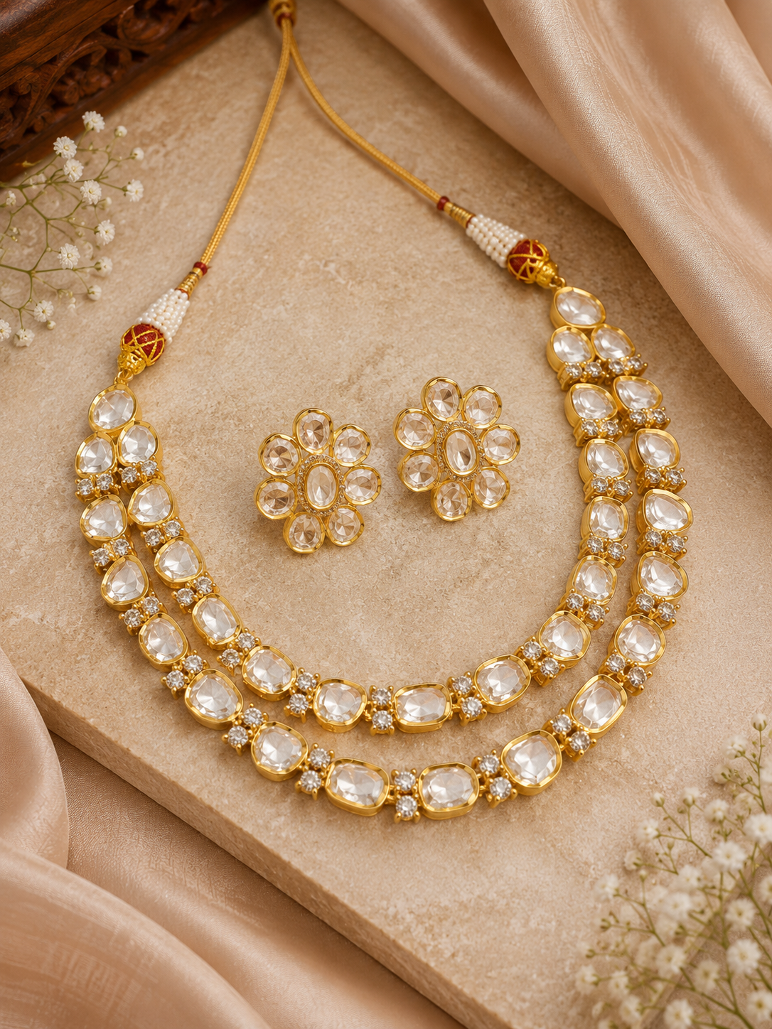 Praynil Zariya Dual-Line Polki Necklace Set