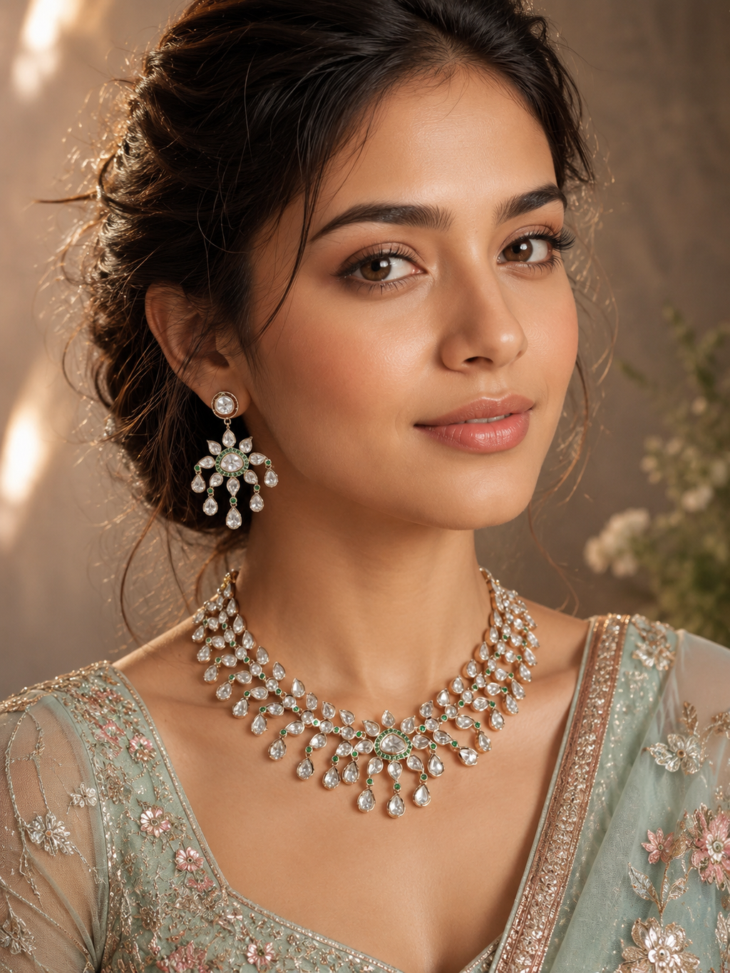 Emerald Bloom Polki CZ Necklace Set