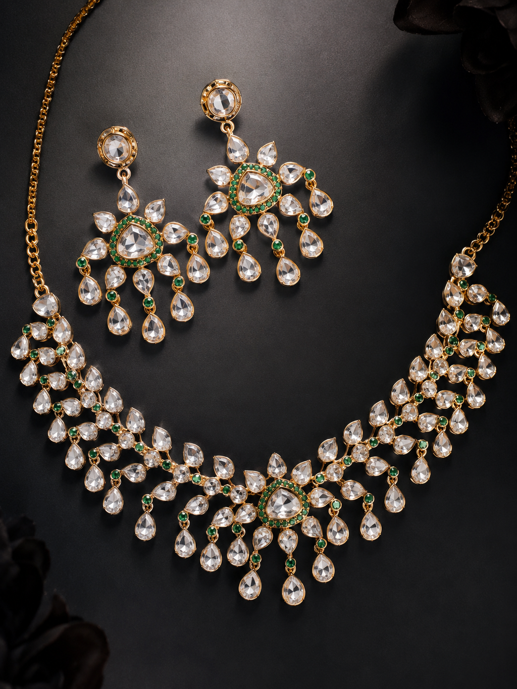 Emerald Bloom Polki CZ Necklace Set