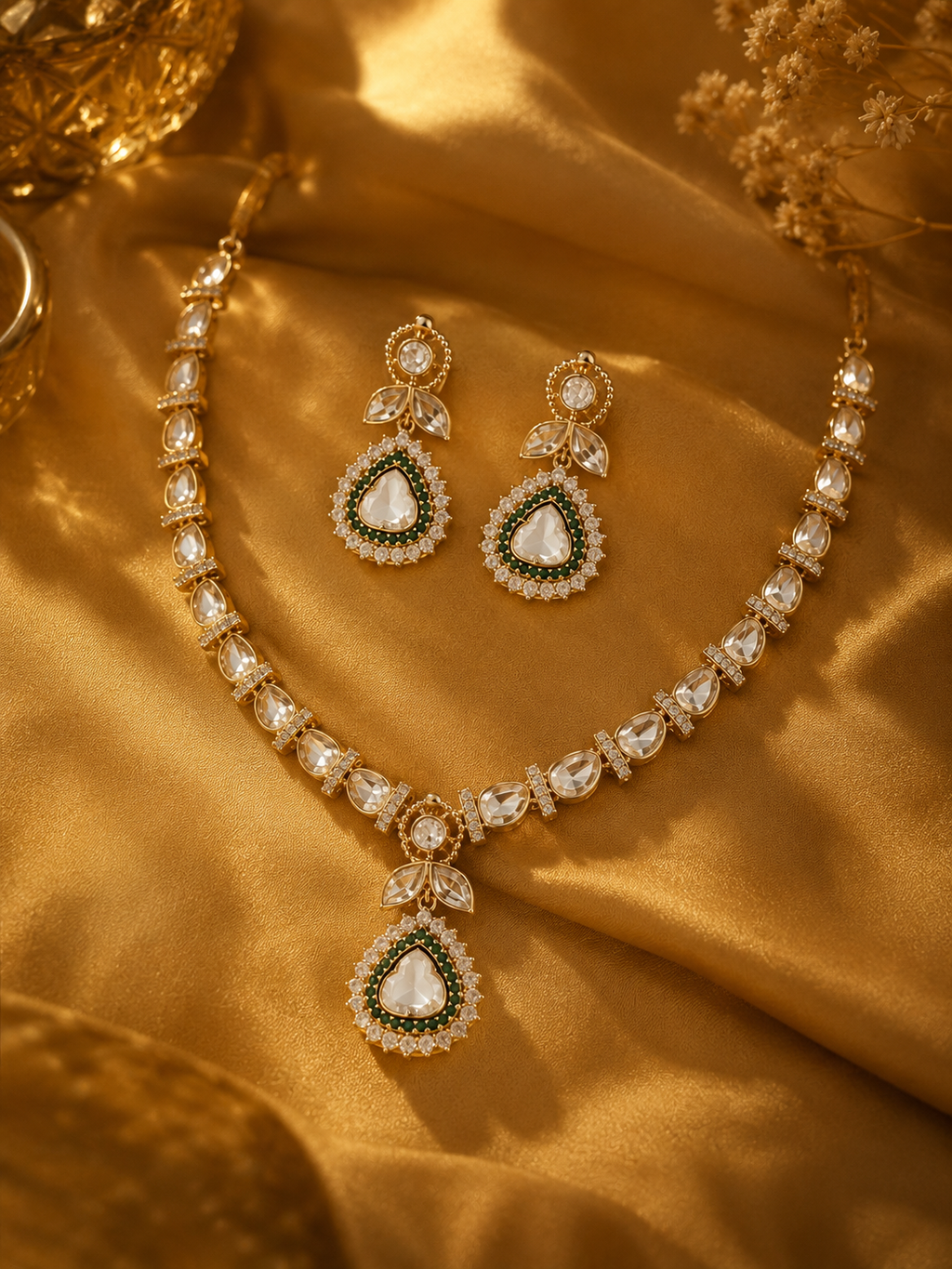 Emerald Royale Polki Pendant Necklace Set