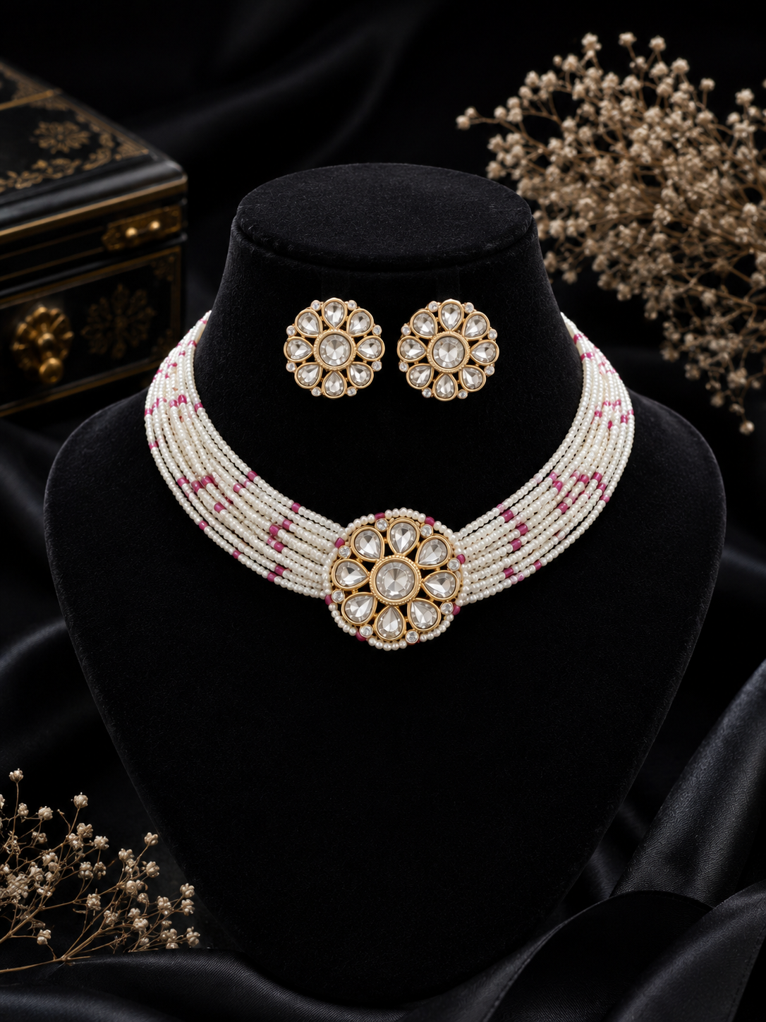 Rosé Blossom Pearl Polki Choker Set