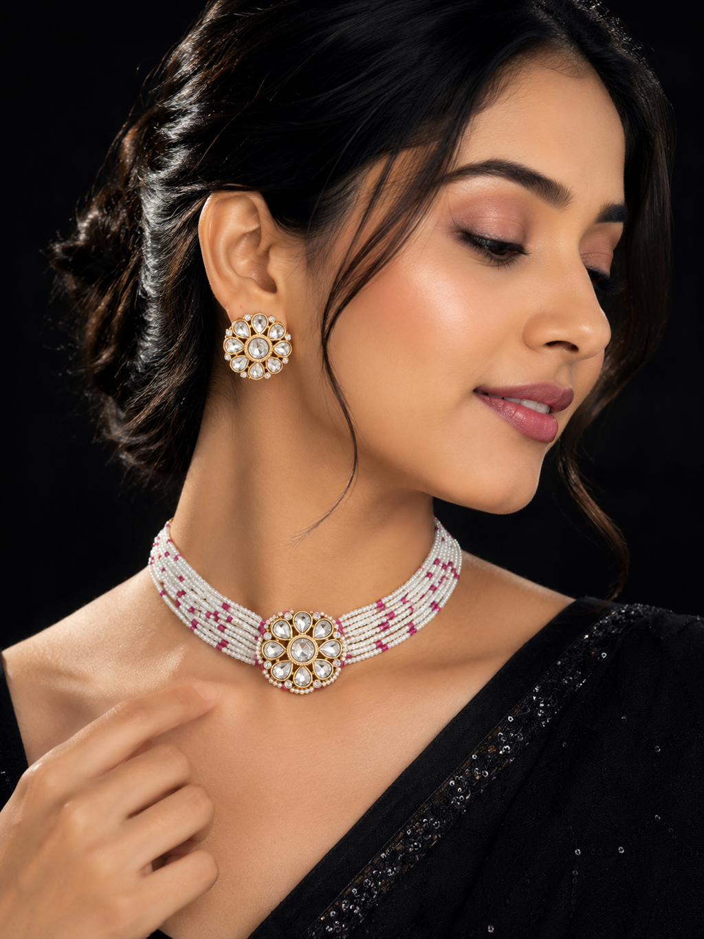 Rosé Blossom Pearl Polki Choker Set