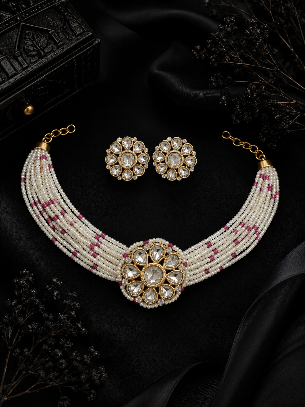Rosé Blossom Pearl Polki Choker Set