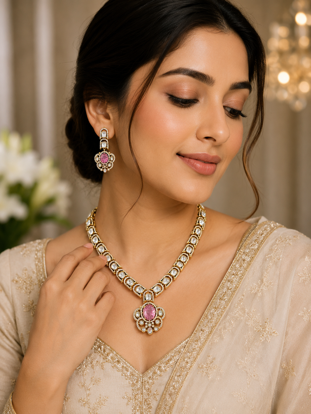 Royal Pink Polki Necklace Set