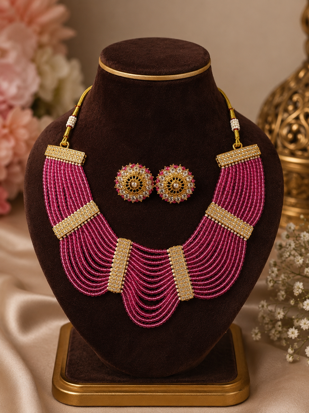 Pink Pearl Cascade Necklace Set