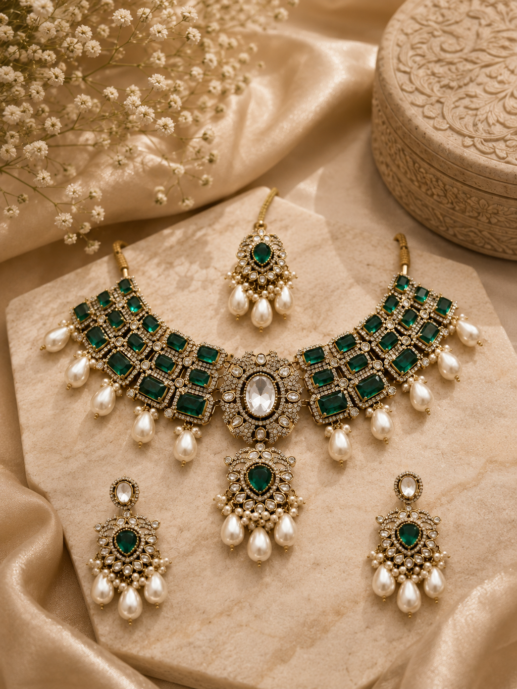 Emerald Pearl Kundan Bridal Necklace Set