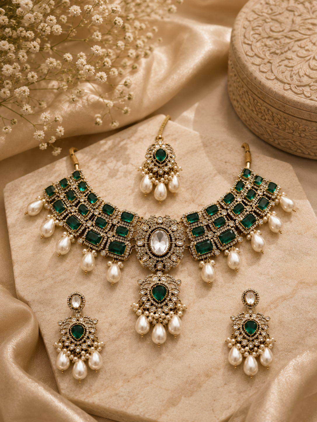 Emerald Pearl Kundan Bridal Necklace Set
