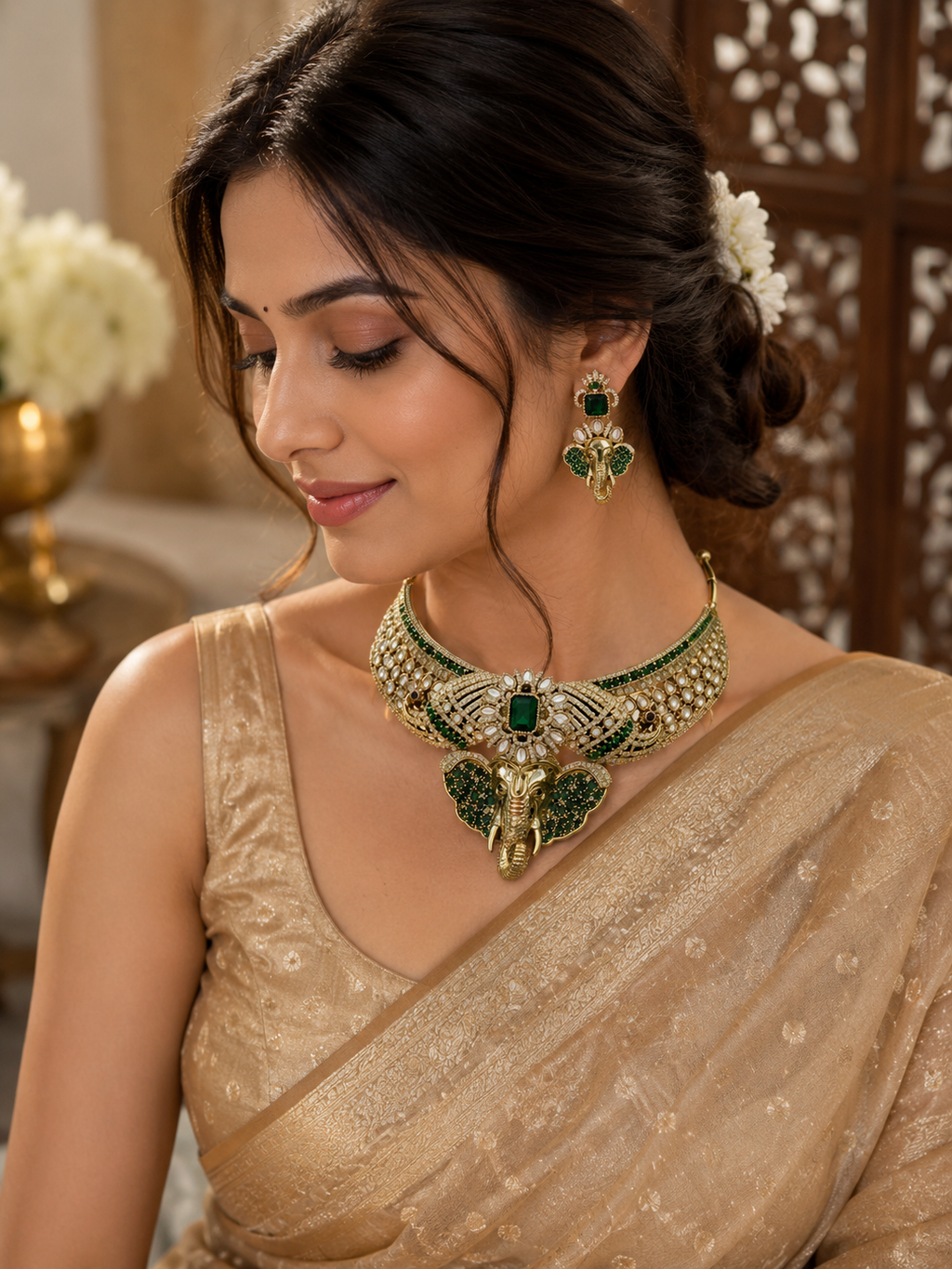 Royal Ganesha Emerald Choker Necklace Set