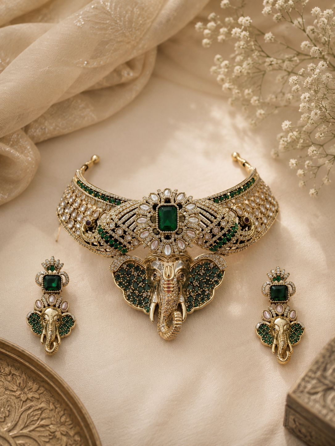 Royal Ganesha Emerald Choker Necklace Set