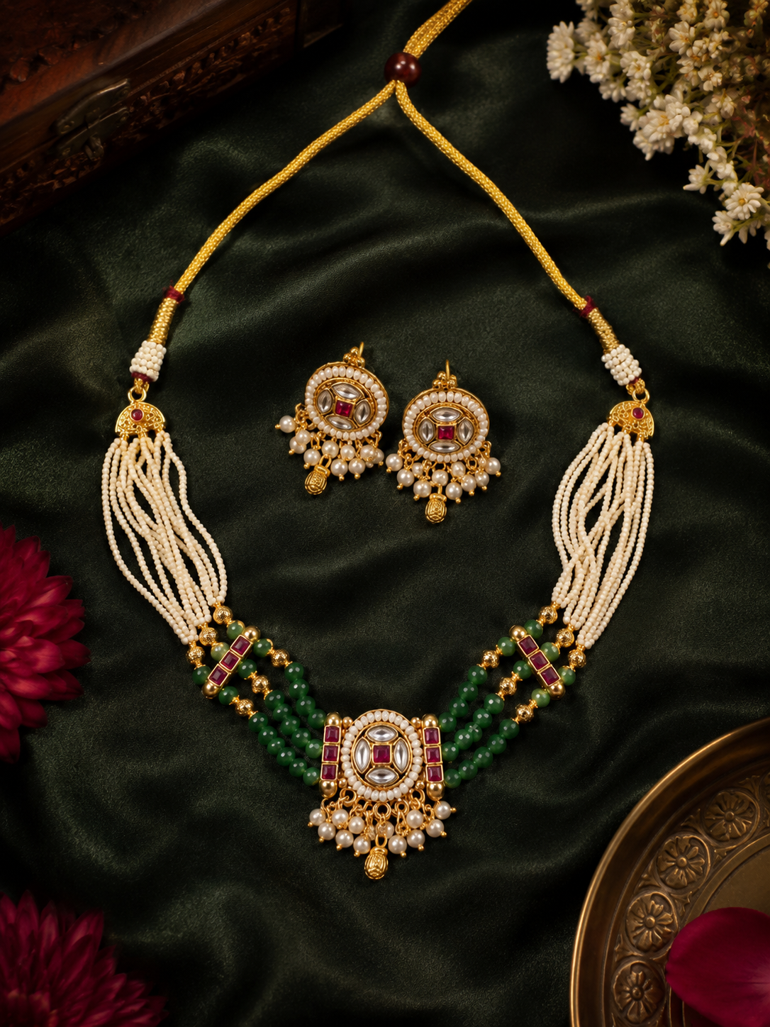 Emerald Pearl Rajwadi Necklace Set
