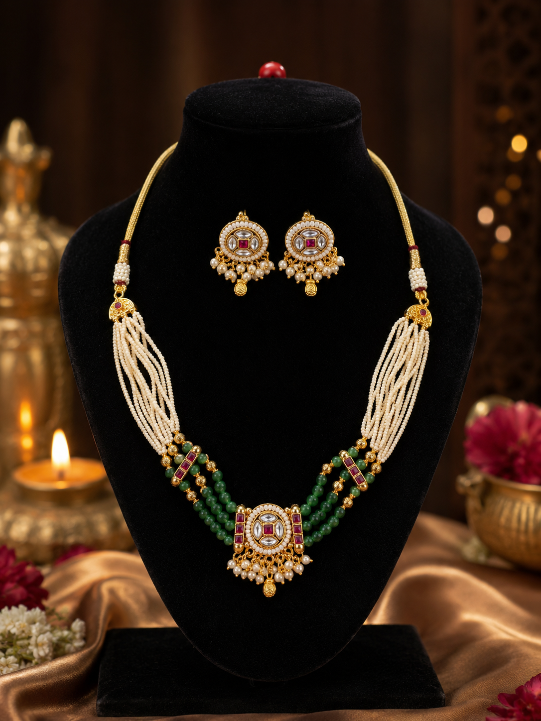 Emerald Pearl Rajwadi Necklace Set