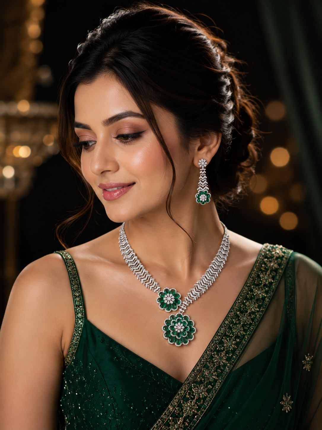 Green Emerald Bloom Diamond Necklace Set