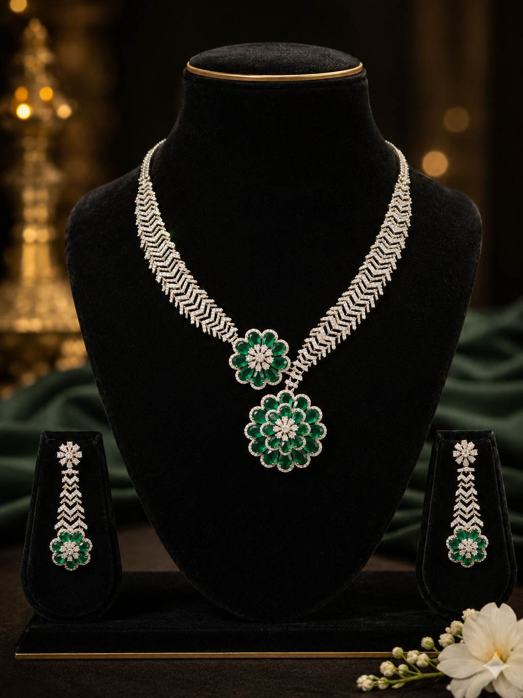 Green Emerald Bloom Diamond Necklace Set