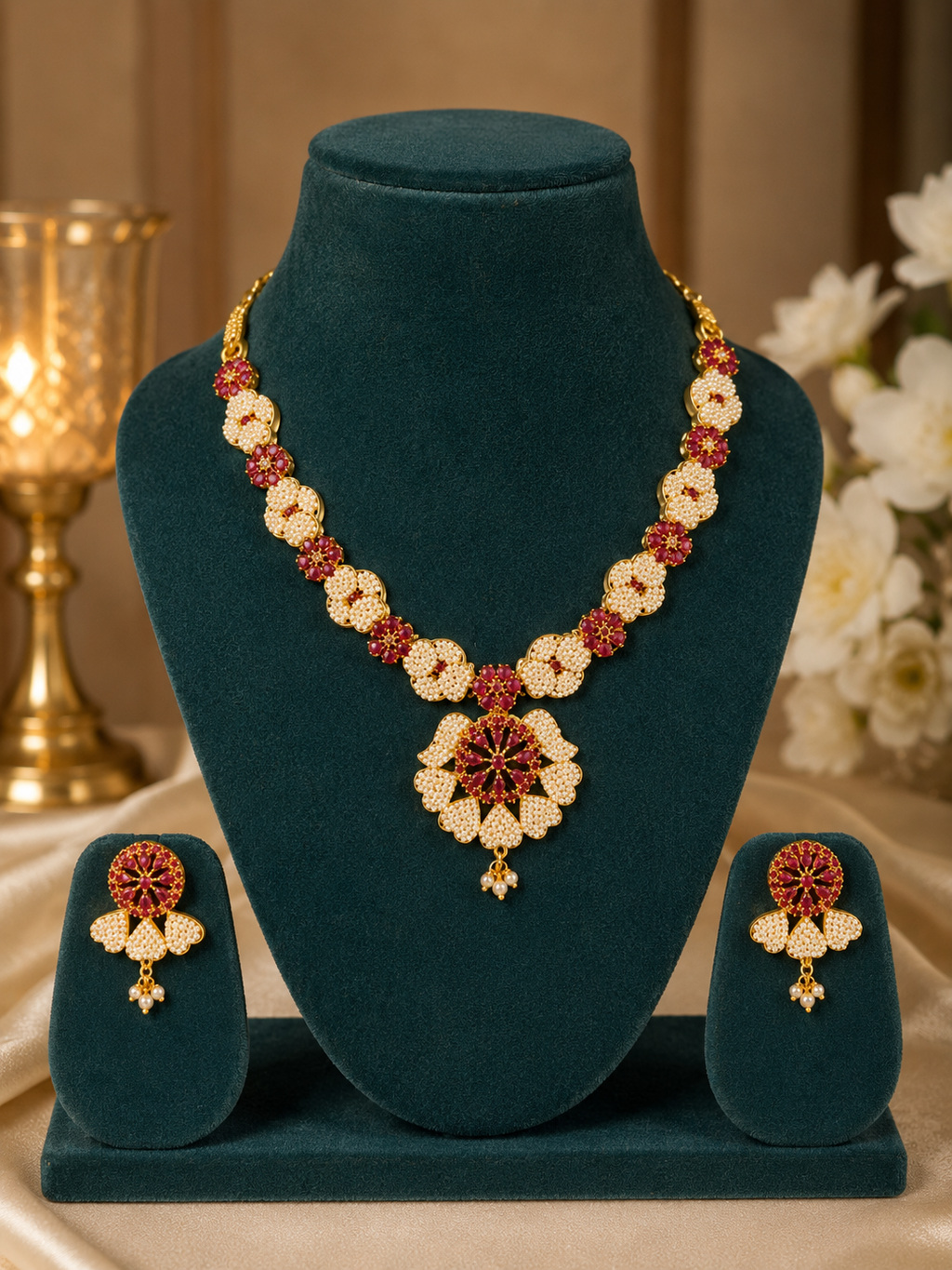 Ruby Petal Elegance Necklace Set