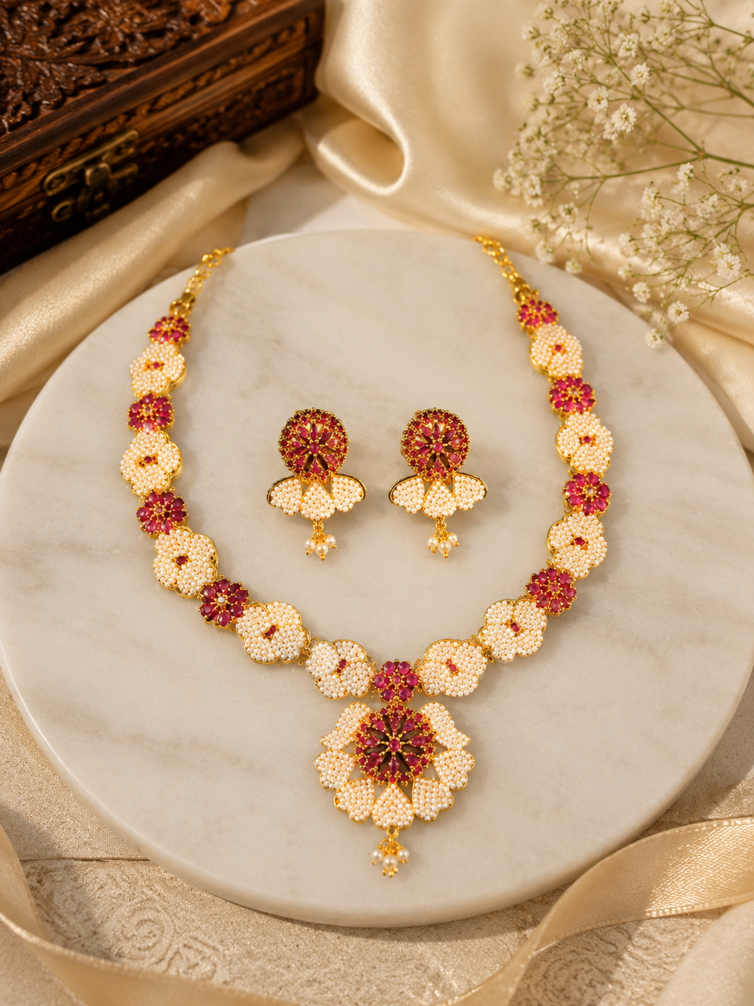 Ruby Petal Elegance Necklace Set