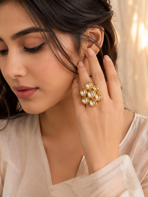Adjustable Golden Petal Kundan Ring