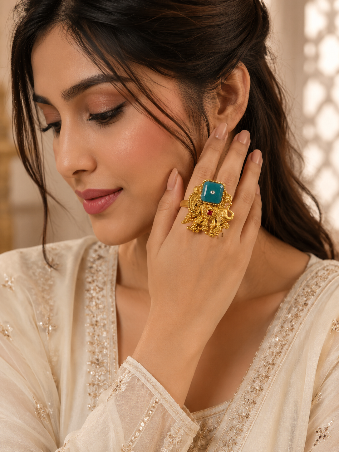 Regal Elephant Charm Ring