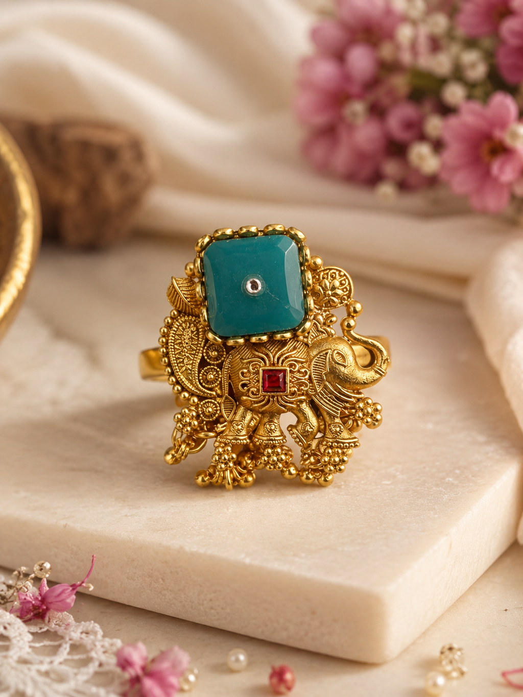 Regal Elephant Charm Ring