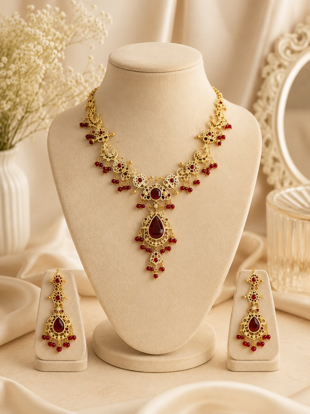 Royal Maroon CZ Bridal Necklace Set for Women