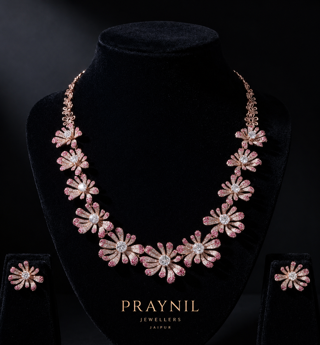 Luxury Floral CZ Diamond Necklace Set for Women | Rose Gold Plated