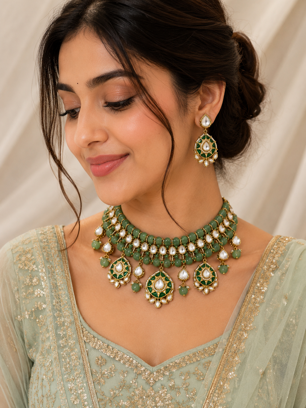 Moissanite Royal Green Polki Kundan Bridal Choker Set