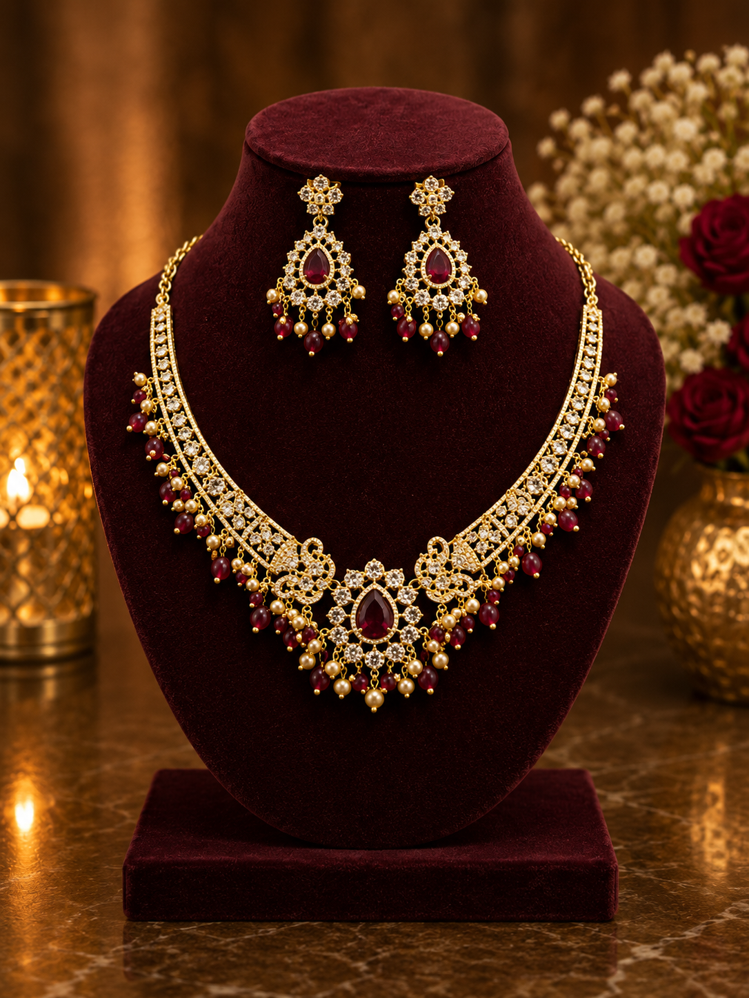 Royal Ruby Pearl CZ Necklace Set for Women