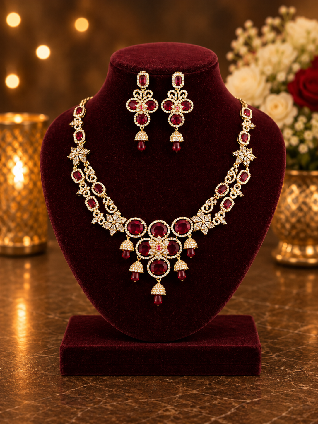 Luxury Ruby Red CZ Bridal Necklace Set for Women