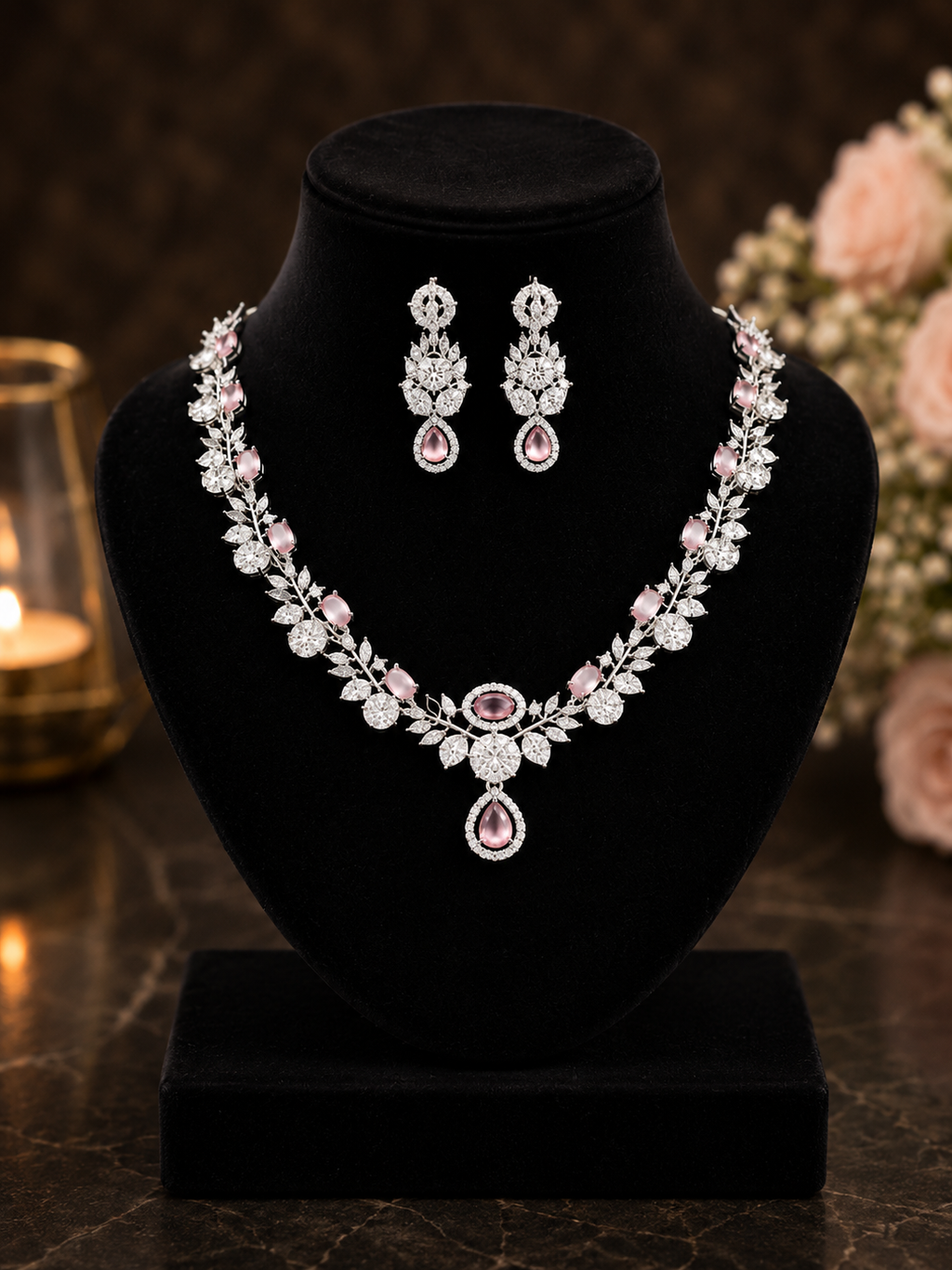 Luxury Pink CZ Diamond Necklace Set for Women