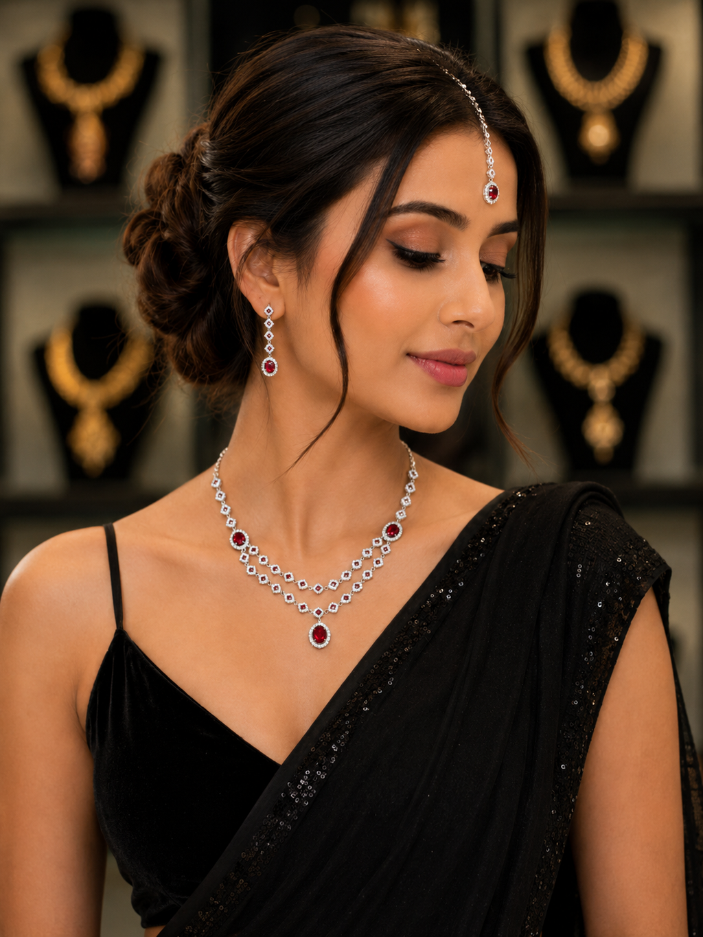 Ruby Radiance Silver Necklace Set