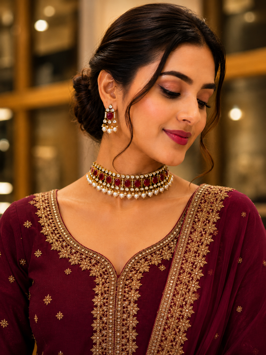 Royal Ruby Pearl Choker Set