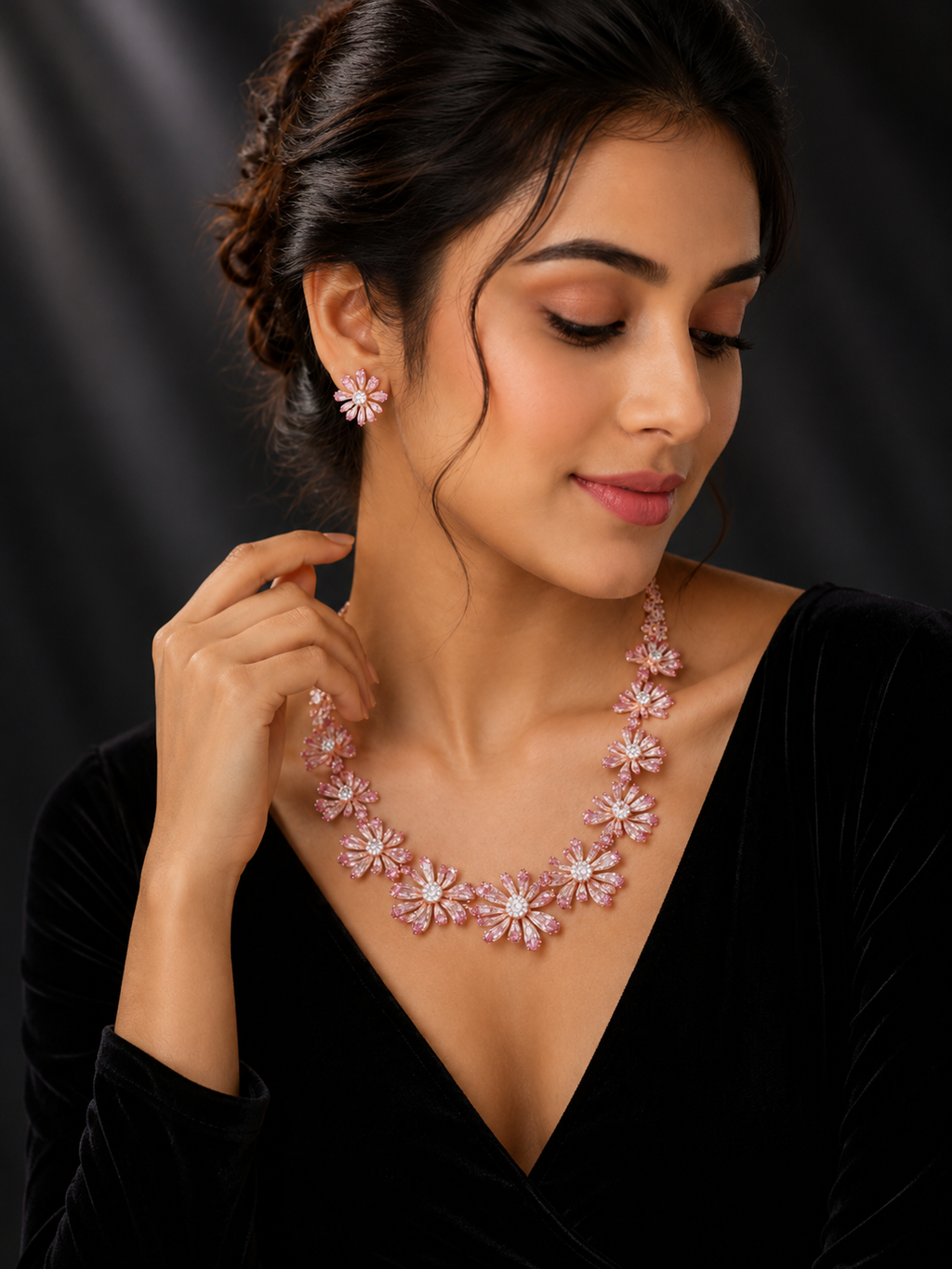Luxury Floral CZ Diamond Necklace Set for Women | Rose Gold Plated