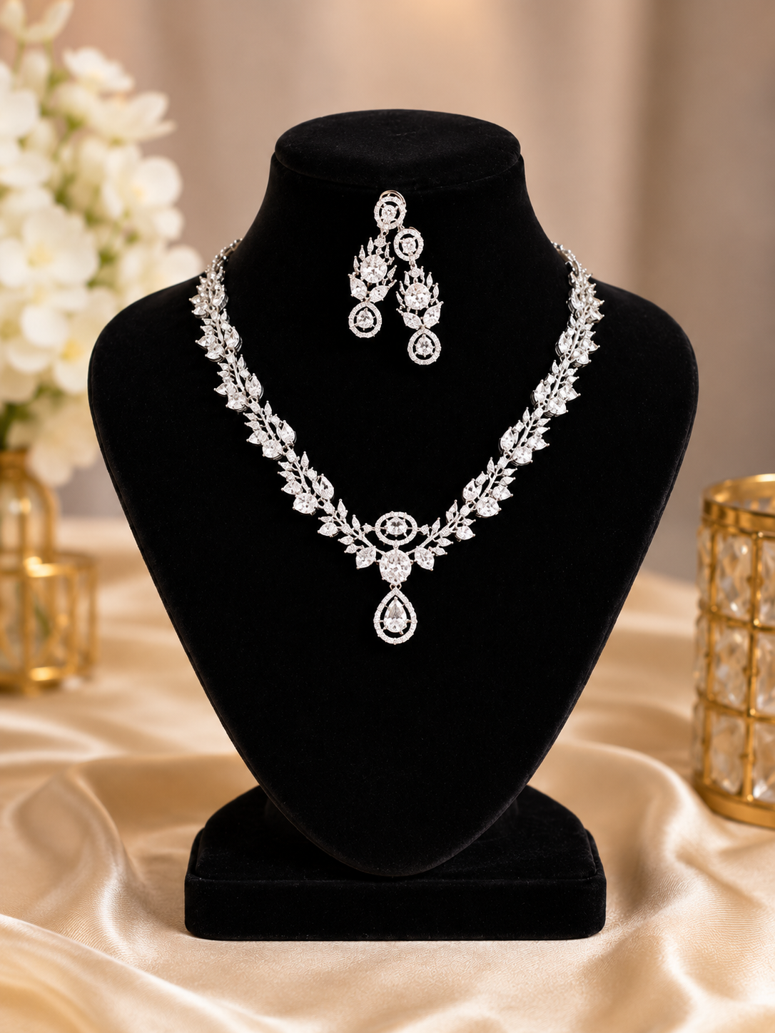 Luxury CZ Diamond Necklace & Earrings Set for Women