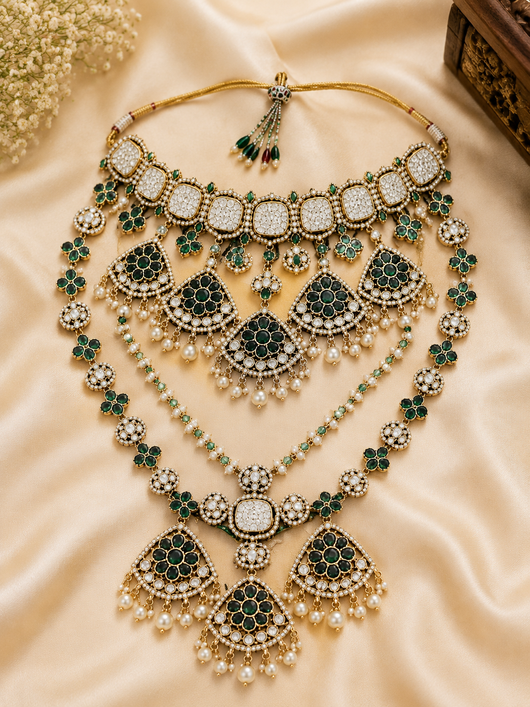 Emerald Green Kundan-Style Pearl Drop Earrings