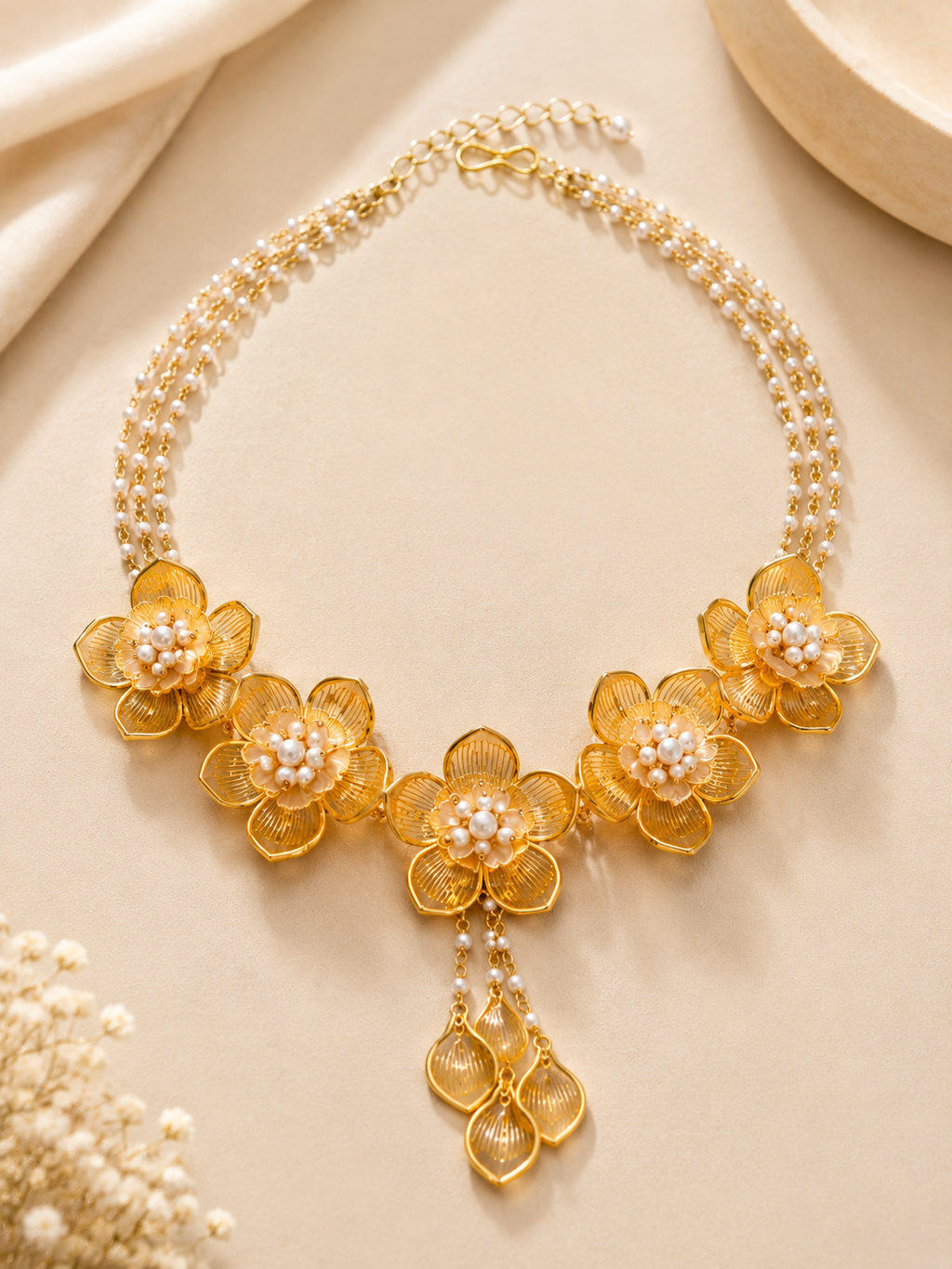 Golden Floral Pearl Necklace Set