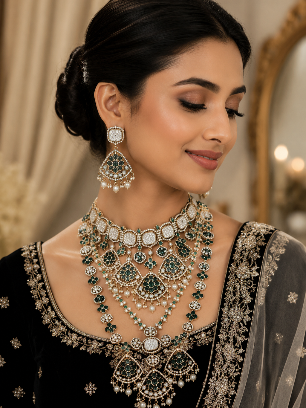 Emerald Green Kundan-Style Pearl Drop Earrings