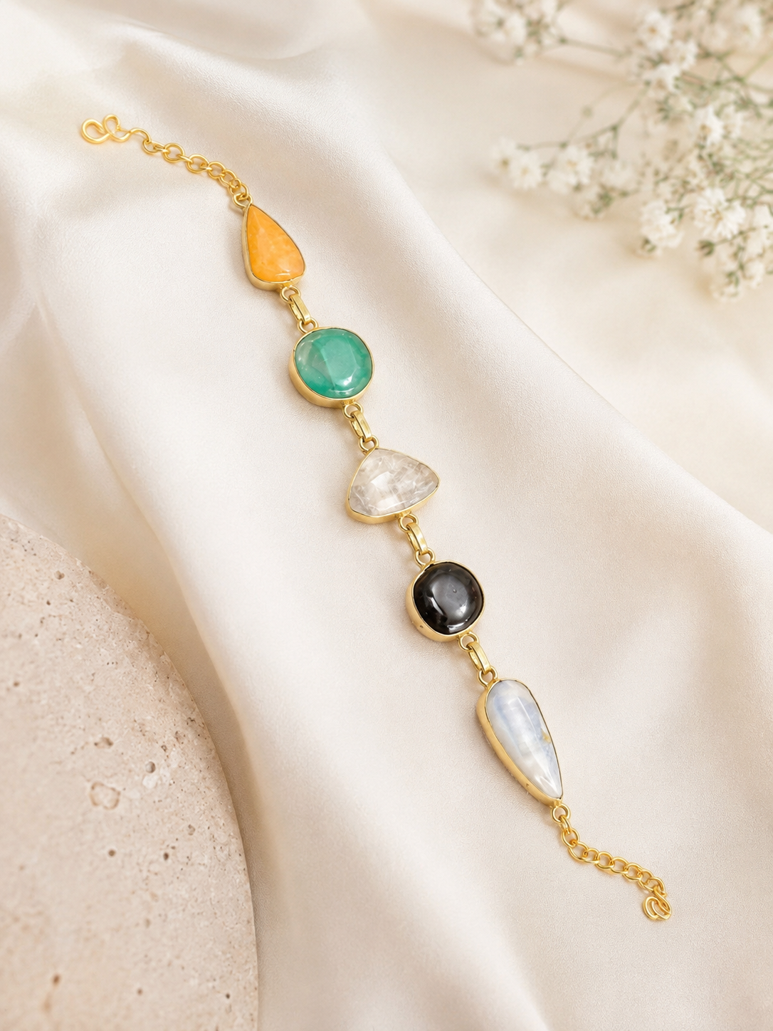 Praynil Multicolor Natural Stone Gold-Plated Adjustable Bracelet