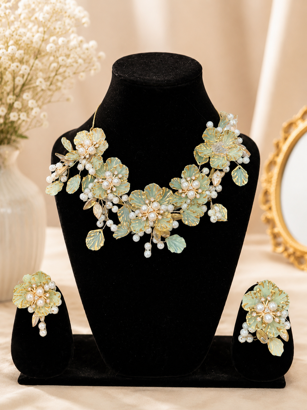 Mint Green Floral Pearl Drop Earrings