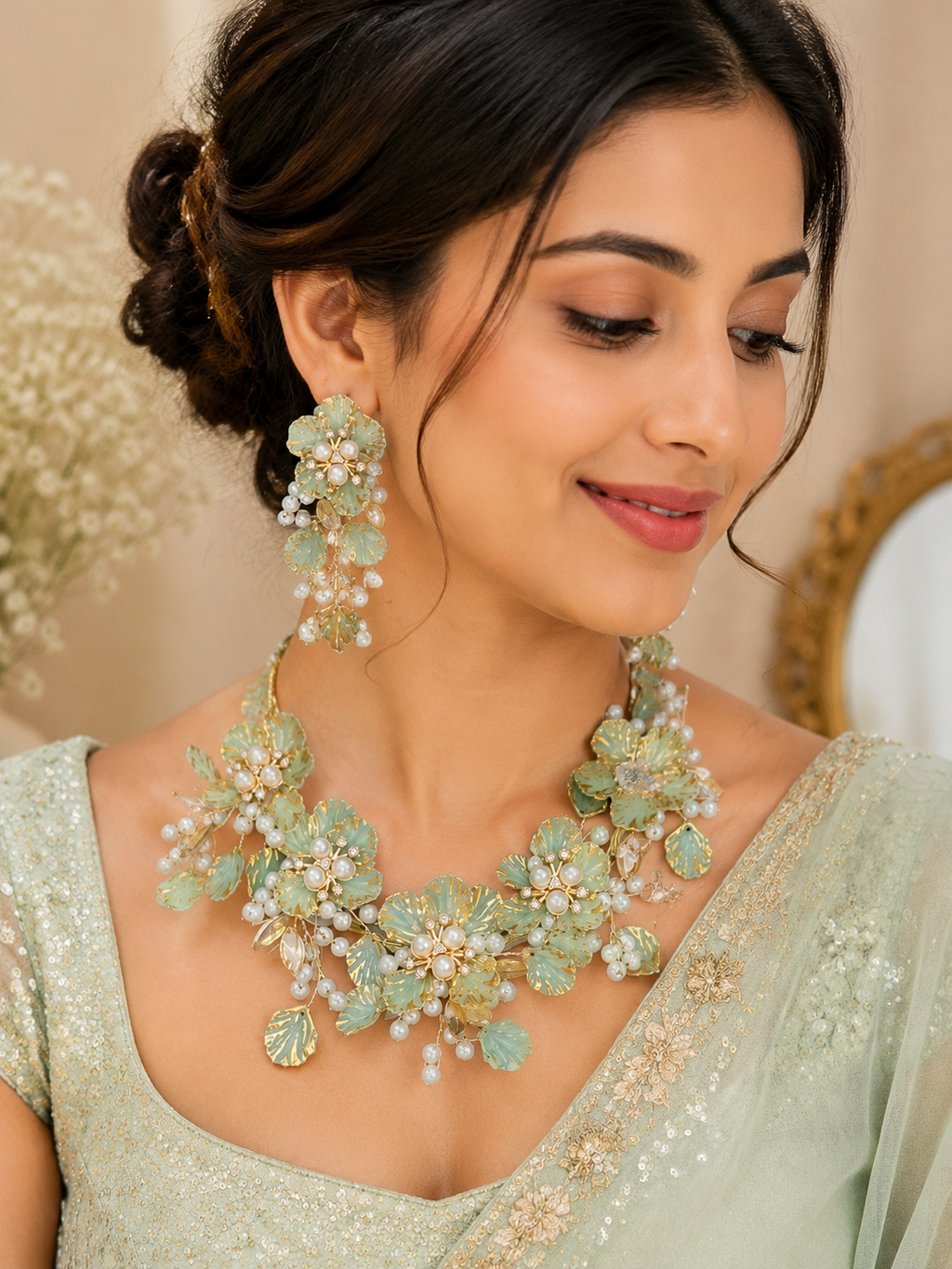 Mint Green Floral Pearl Drop Earrings