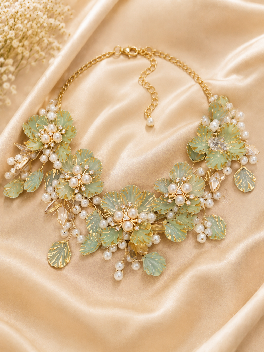 Mint Green Floral Pearl Drop Earrings