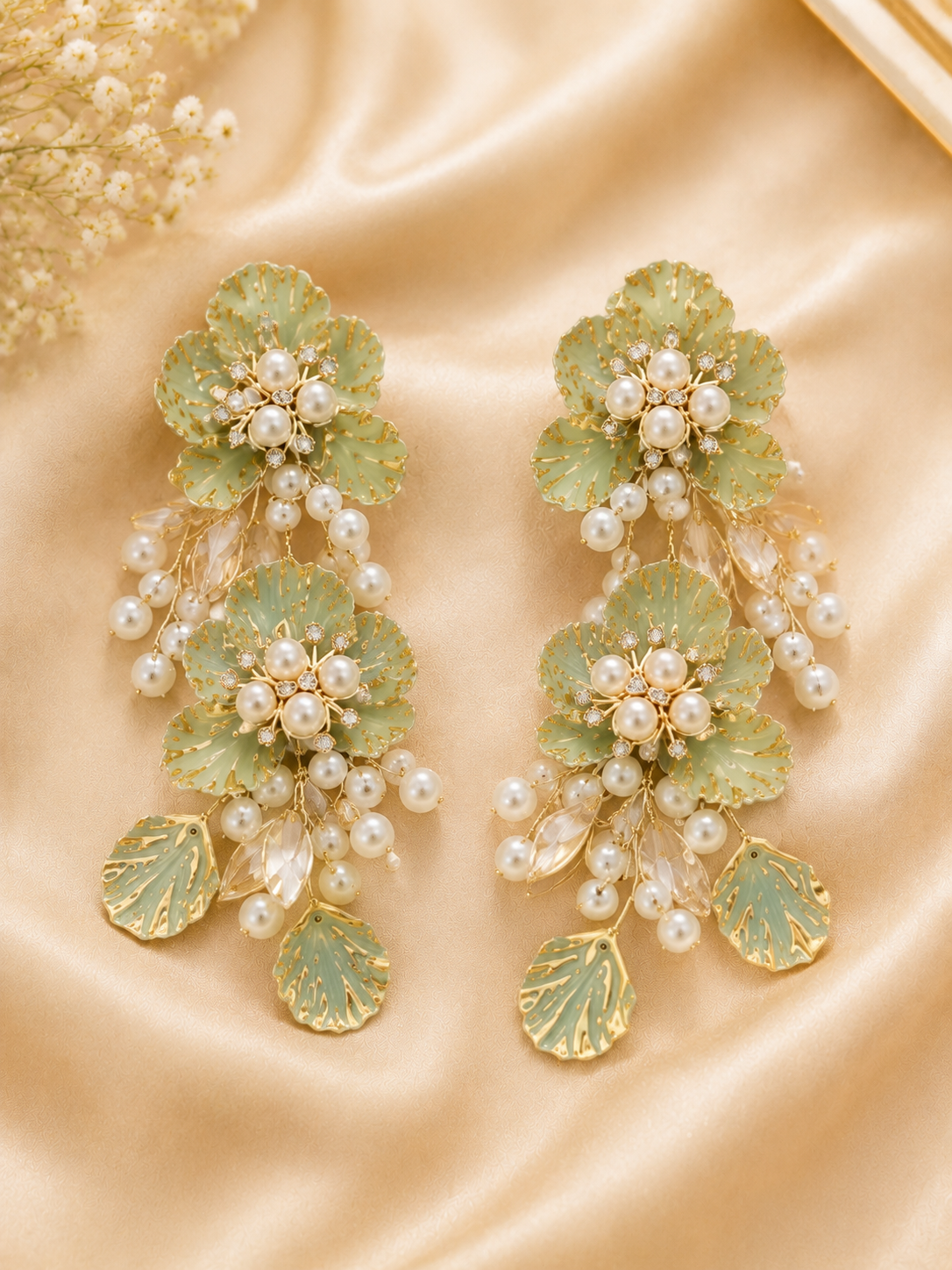 Mint Green Floral Pearl Drop Earrings