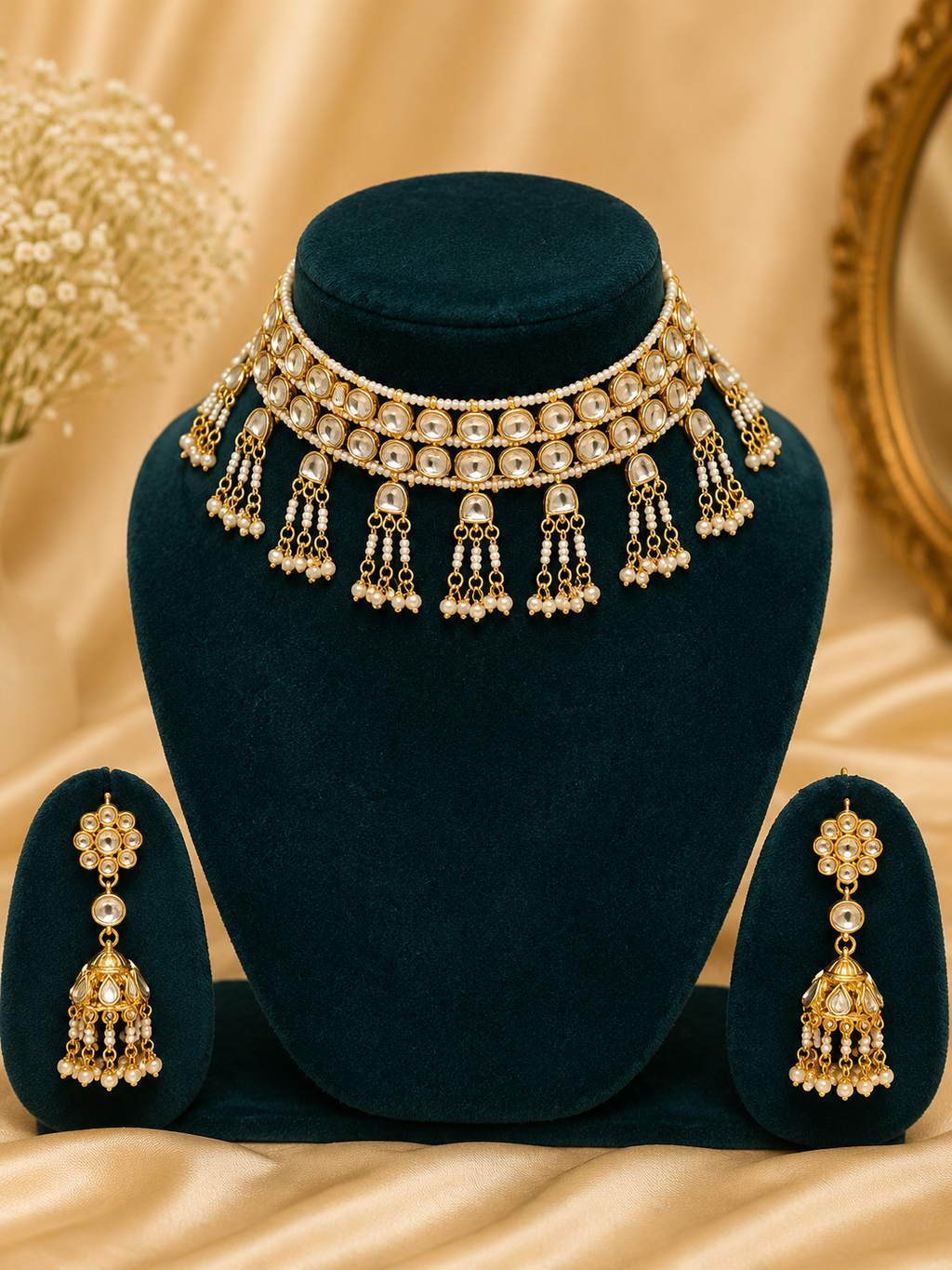 Gold-Tone Kundan Pearl Jhumka Earrings