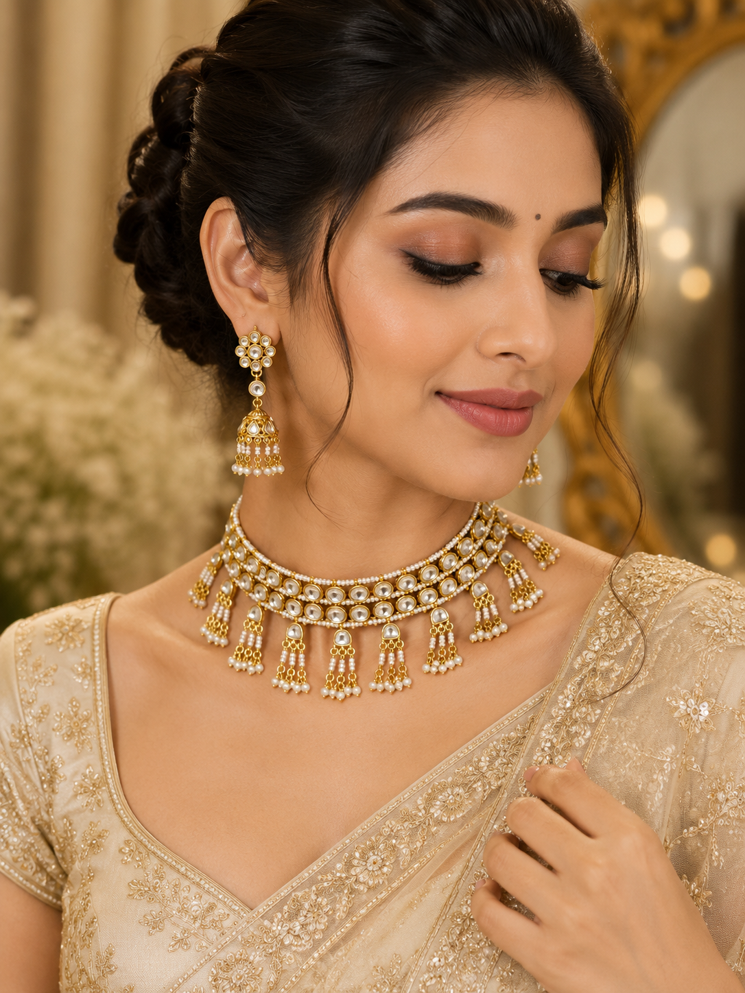 Gold-Tone Kundan Pearl Jhumka Earrings