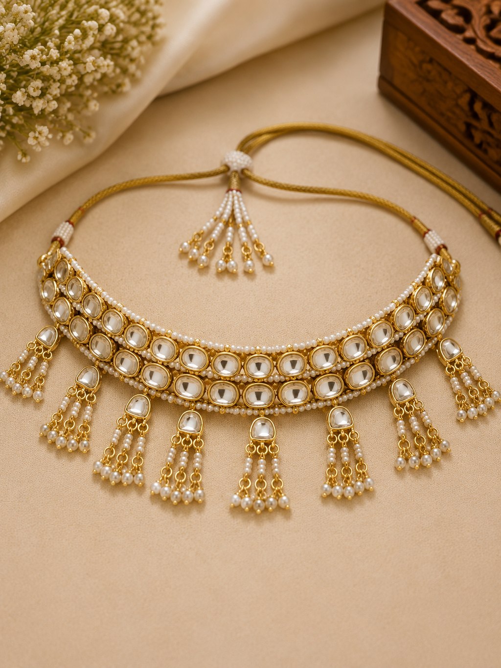 Gold-Tone Kundan Pearl Jhumka Earrings