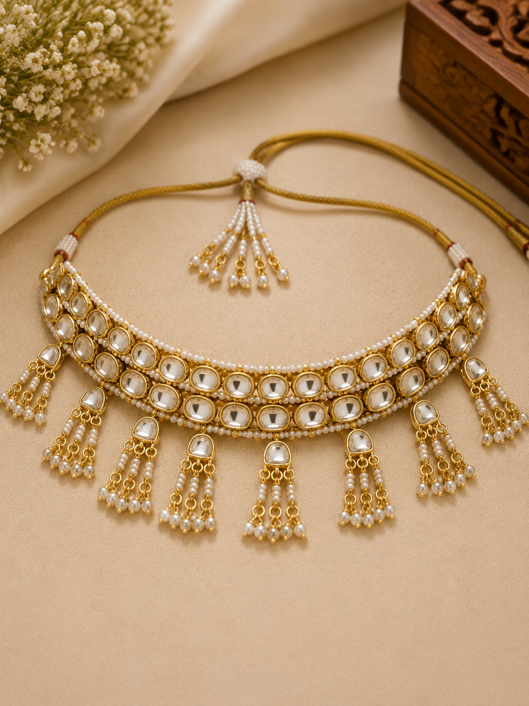 Gold-Tone Kundan Pearl Jhumka Earrings
