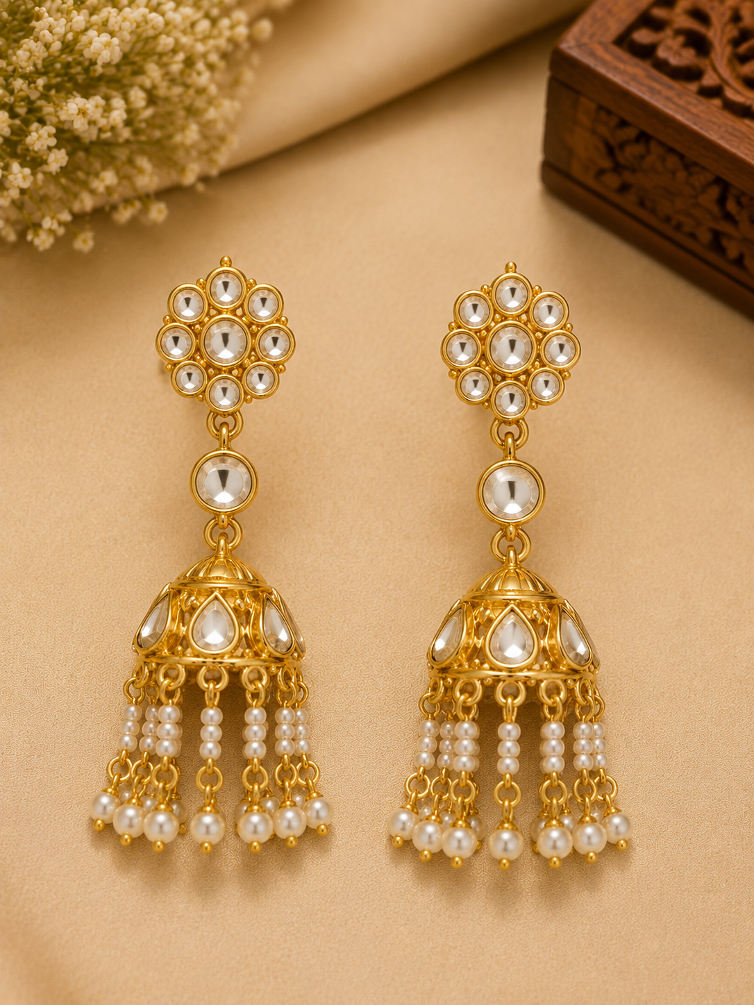 Gold-Tone Kundan Pearl Jhumka Earrings