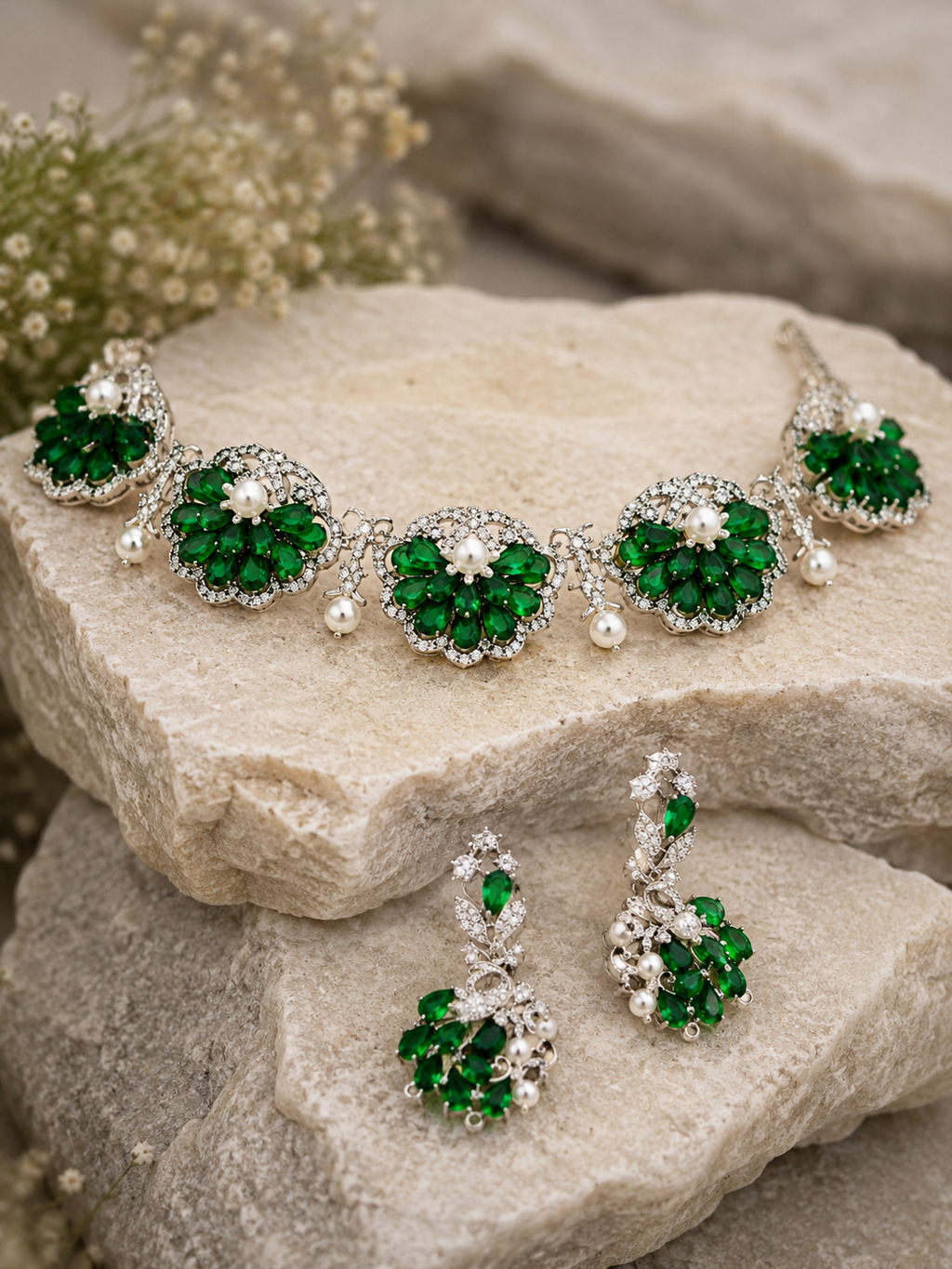 Emerald Green Floral Pearl Necklace Set