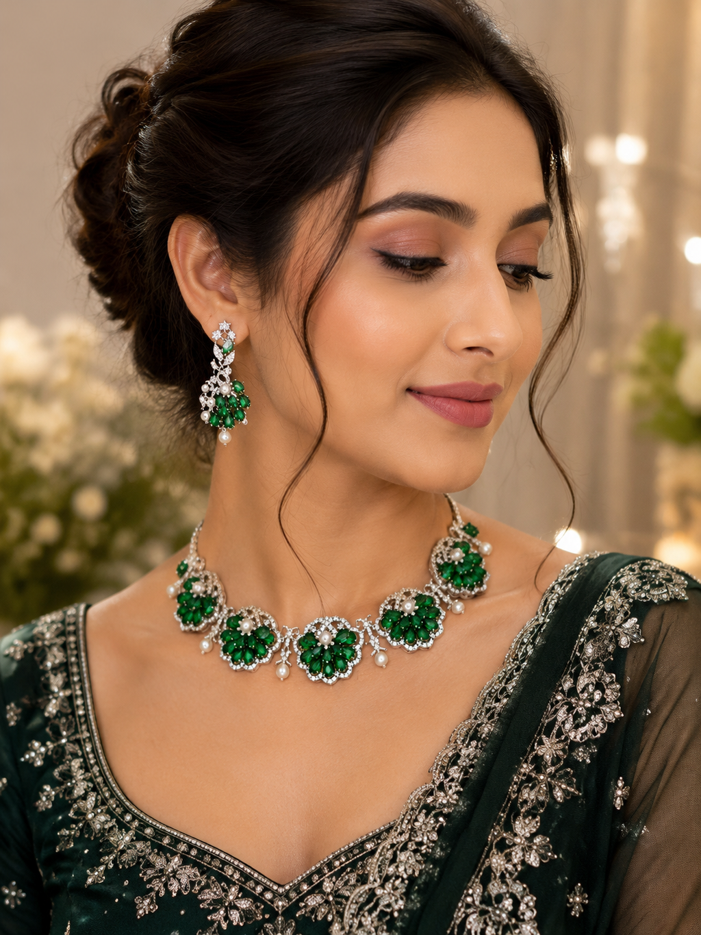 Emerald Green Floral Pearl Necklace Set