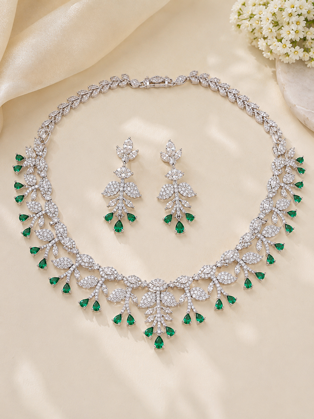 Emerald Bloom American Diamond Necklace Set
